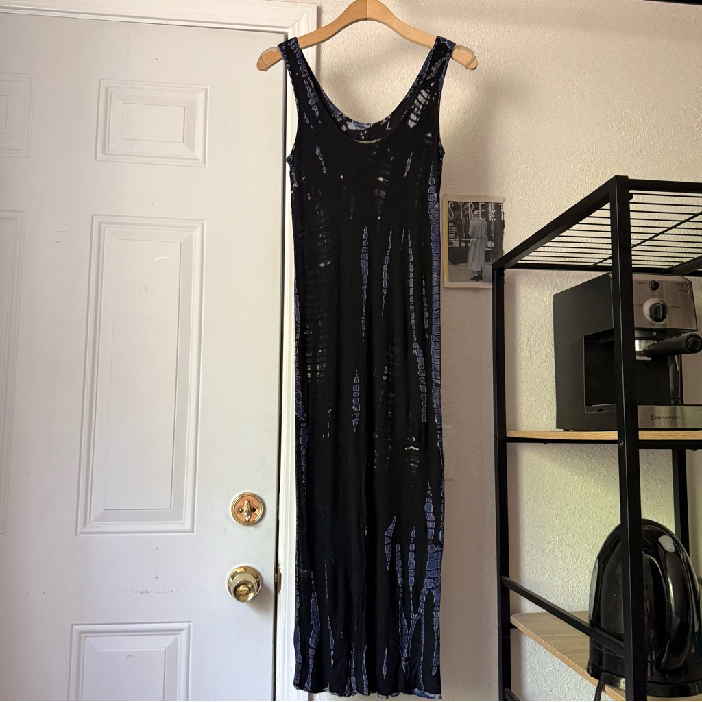 Enza Costa Black Indigo Blue Tie Dye Rib Ribbed Knit Soft Bodycon Midi Dress